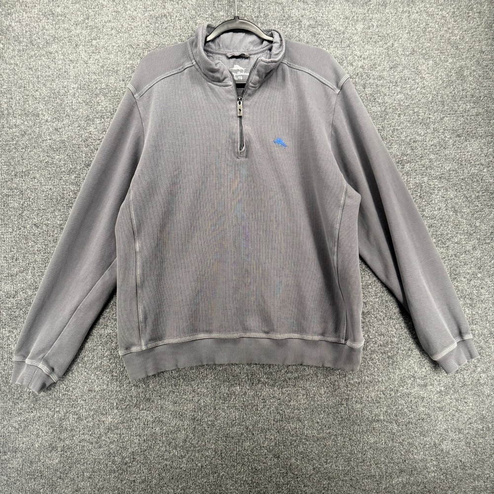 Tommy Bahama Sweater Mens XL Gray 1/4 Zip Pullover‎ Stretch Logo Business Casual